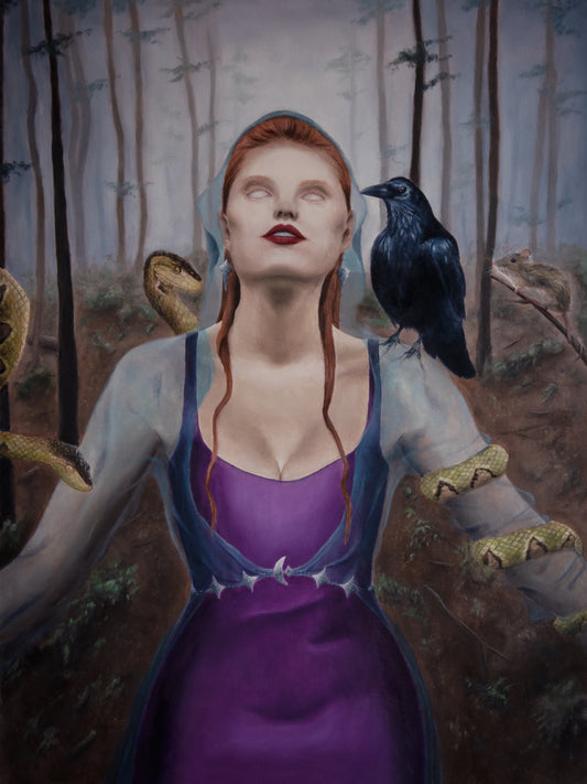 high priestess art print - dark forest, crow, snakes, magic